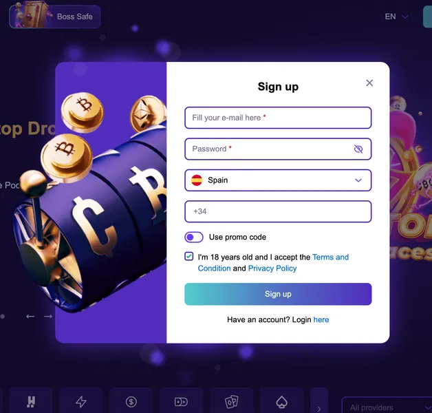 Регистрация казино Криптобосс